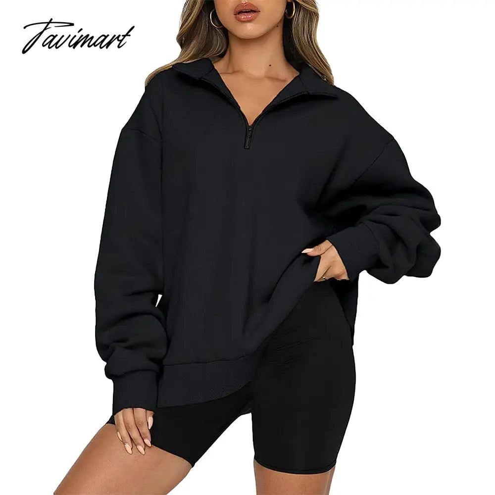 Women's Autumn Oversized Quarter 1/4 Zip Sweatshirts Lapel Collar Long sleeve Drop Shoulder Solid Pullover Jumper Top