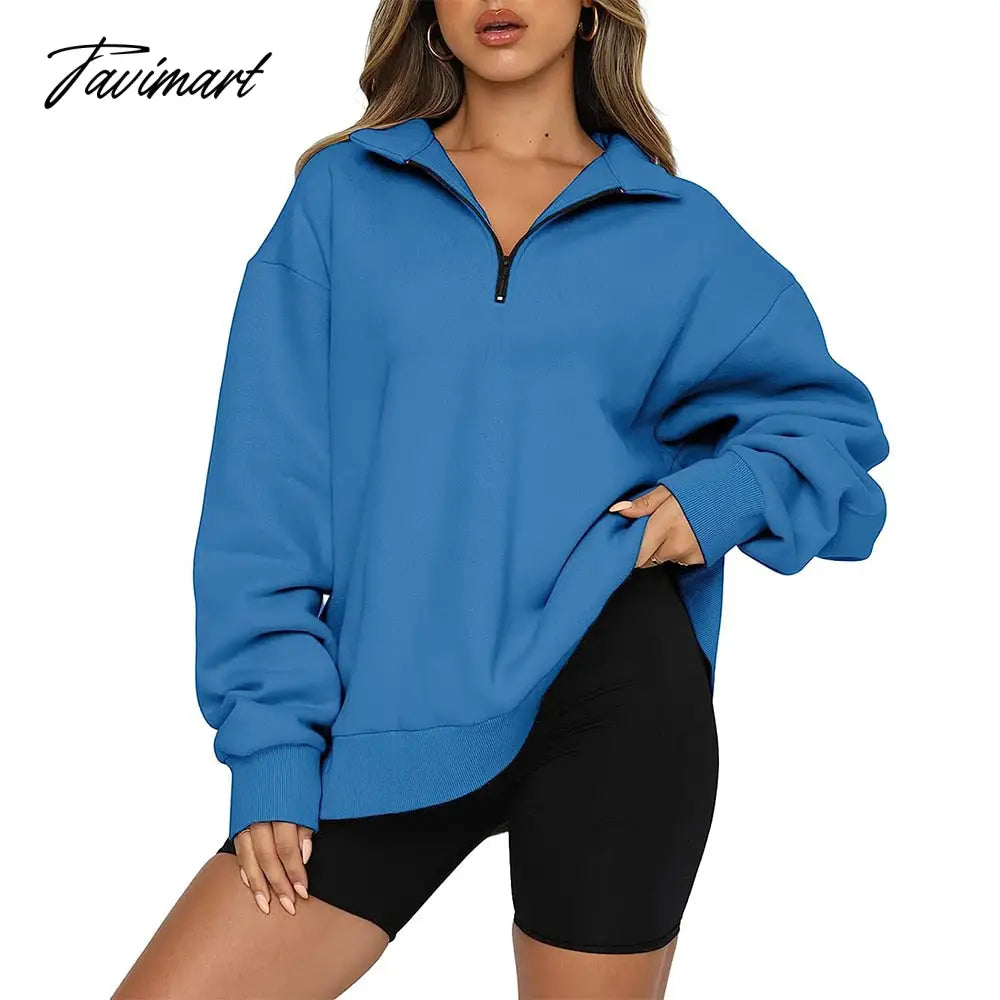 Women's Autumn Oversized Quarter 1/4 Zip Sweatshirts Lapel Collar Long sleeve Drop Shoulder Solid Pullover Jumper Top
