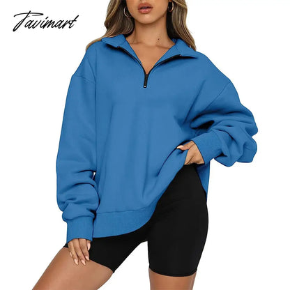 Women's Autumn Oversized Quarter 1/4 Zip Sweatshirts Lapel Collar Long sleeve Drop Shoulder Solid Pullover Jumper Top
