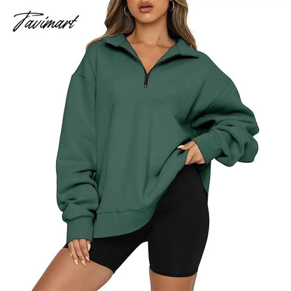 Women's Autumn Oversized Quarter 1/4 Zip Sweatshirts Lapel Collar Long sleeve Drop Shoulder Solid Pullover Jumper Top