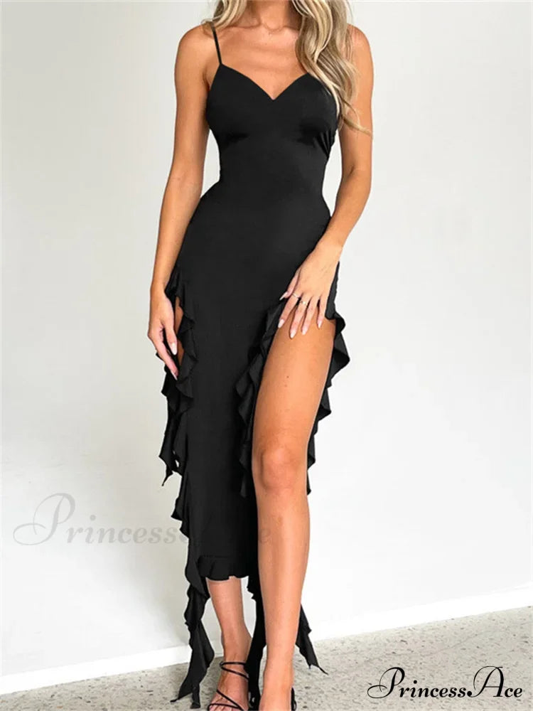 Women Sexy Ruffle Hem Sleeveless Strap Tassels Ruched Bodycon Party V-neck High Split Fairy Vestidos