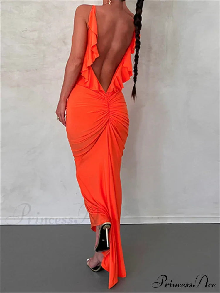 Women Sexy Spaghetti Strap Backless Bodycon V-neck Ruffles Ruched Party Evening Clubwear Vestidos