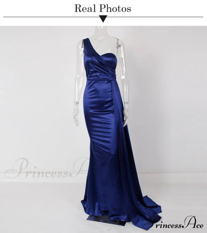 Women's Blue Evening Green Gown Full-Length Party Royal with Sexy Gown Satin Long Ribbon Draped Dress