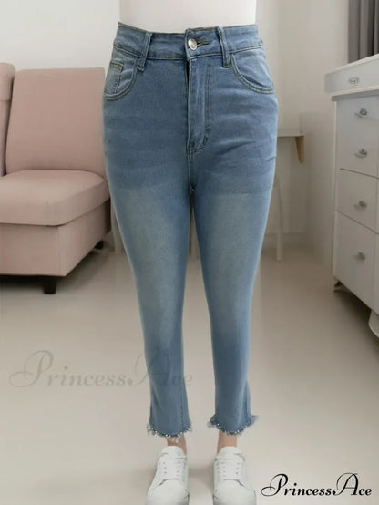 Women's Blue High-Stretch Skinny with Faux Pearl Decor and Slim Fit - Stylish and Comfortable Denim Jean