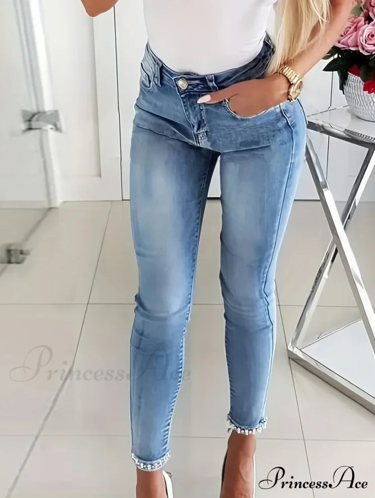 Women's Blue High-Stretch Skinny with Faux Pearl Decor and Slim Fit - Stylish and Comfortable Denim Jean