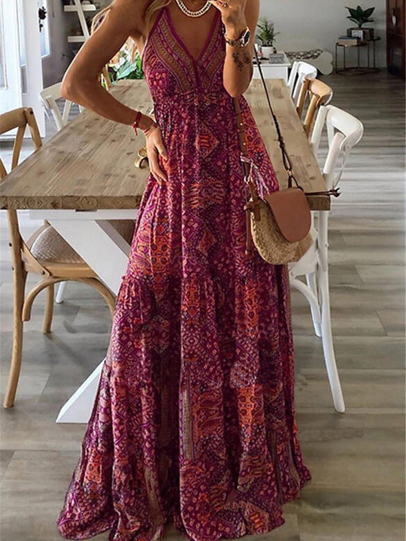 Bohemian Print Halter Neck Deep V-Neck Tiered Maxi Dress