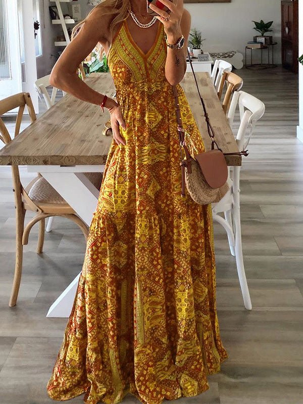 Bohemian Print Halter Neck Deep V-Neck Tiered Maxi Dress