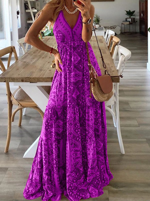 Bohemian Print Halter Neck Deep V-Neck Tiered Maxi Dress