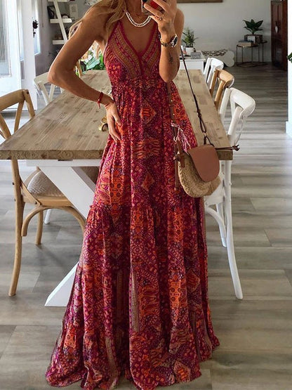 Bohemian Print Halter Neck Deep V-Neck Tiered Maxi Dress