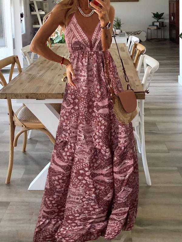 Bohemian Print Halter Neck Deep V-Neck Tiered Maxi Dress