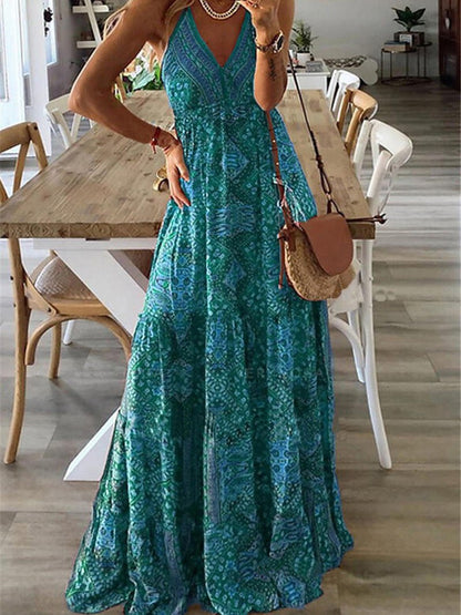 Bohemian Print Halter Neck Deep V-Neck Tiered Maxi Dress