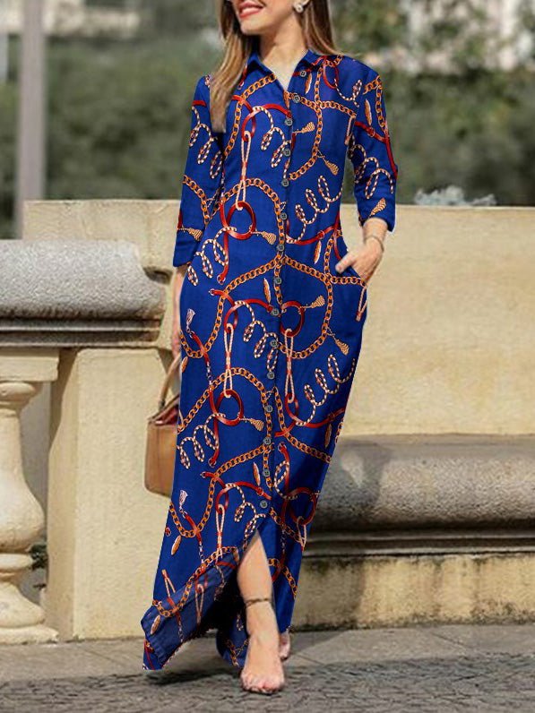 Dresses Chain Print Lapel Button Long Sleeve Dress