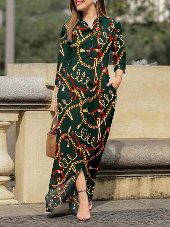Dresses Chain Print Lapel Button Long Sleeve Dress