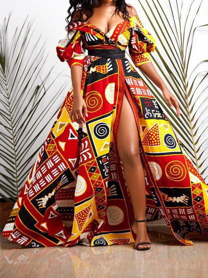 Dresses Multicolor Printed Backless High Slit Dress