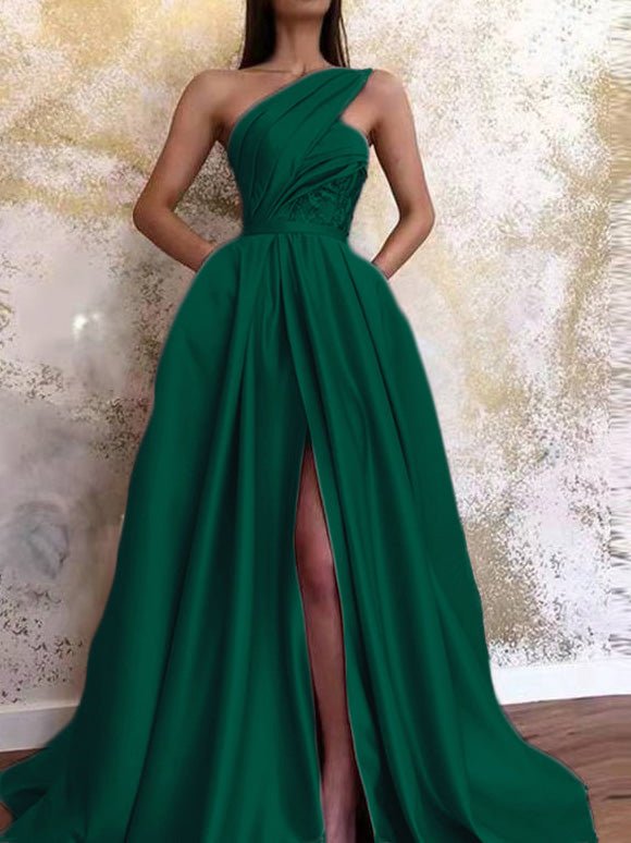 One Shoulder Sequin Lace Panel Pleated High Split Pocket Maxi Dress