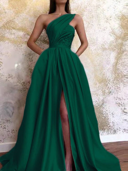 One Shoulder Sequin Lace Panel Pleated High Split Pocket Maxi Dress