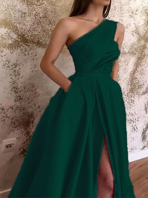 One Shoulder Sequin Lace Panel Pleated High Split Pocket Maxi Dress