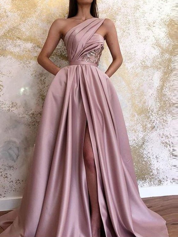 One Shoulder Sequin Lace Panel Pleated High Split Pocket Maxi Dress