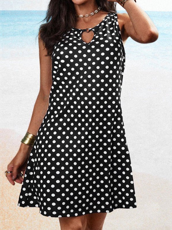 Polka Dot Print Keyhole Ring Detail Crew Neck Sleeveless Shift Mini Dress