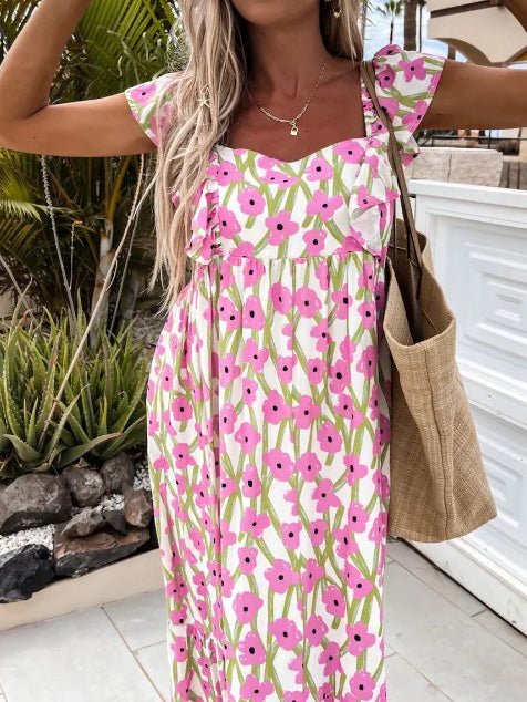Floral Print Square Neck Ruffle Sleeve Tiered Maxi Dress