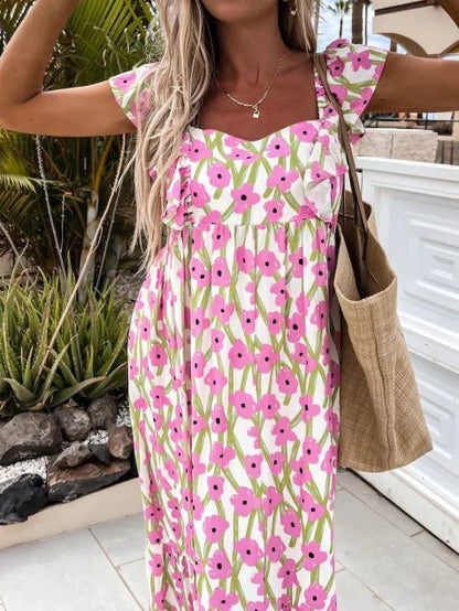 Floral Print Square Neck Ruffle Sleeve Tiered Maxi Dress