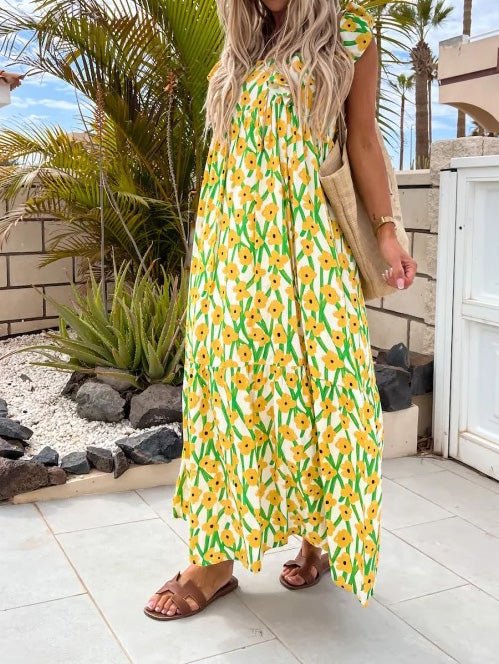Floral Print Square Neck Ruffle Sleeve Tiered Maxi Dress