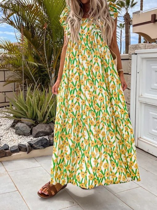 Floral Print Square Neck Ruffle Sleeve Tiered Maxi Dress