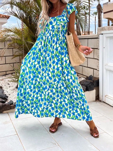Floral Print Square Neck Ruffle Sleeve Tiered Maxi Dress