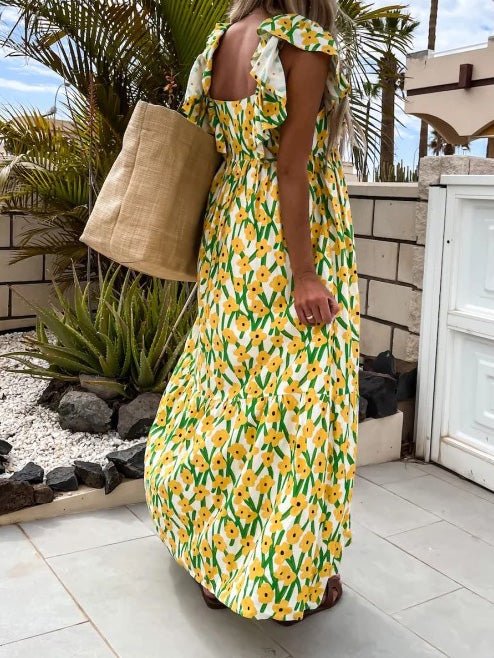 Floral Print Square Neck Ruffle Sleeve Tiered Maxi Dress