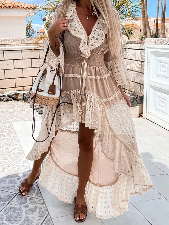 Dresses Neck Lace Panel Ruffle Irregular Dress