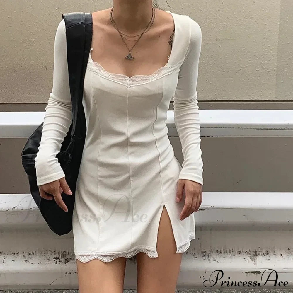 Women's Lace Patchwork Long Sleeve Split Mini Dress