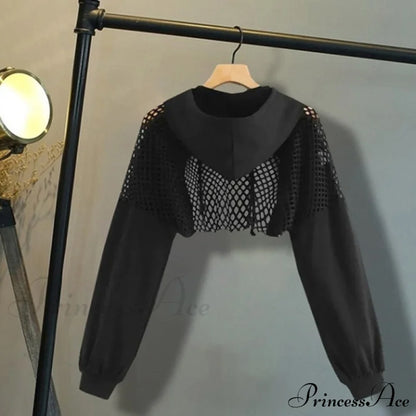 Women's Mesh with Out Hoodie Black Crop Top Hollow Patchwork