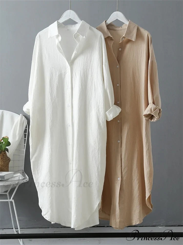 Women's Spring/Autumn Arm - Fit Blouse Loose Casual Gown with Long Buttons