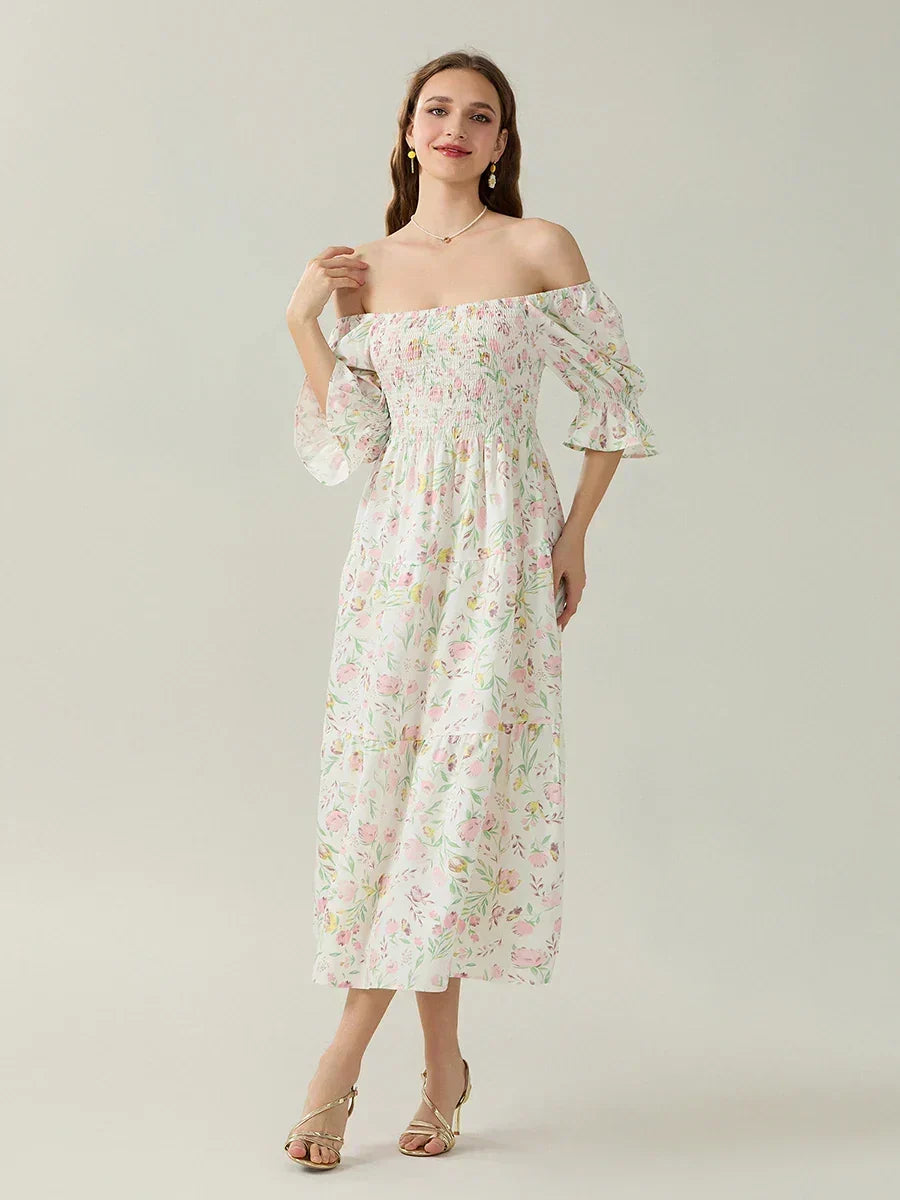 Elegant Off-Shoulder Party Half Sleeve Square Neck A-line Floral Dress