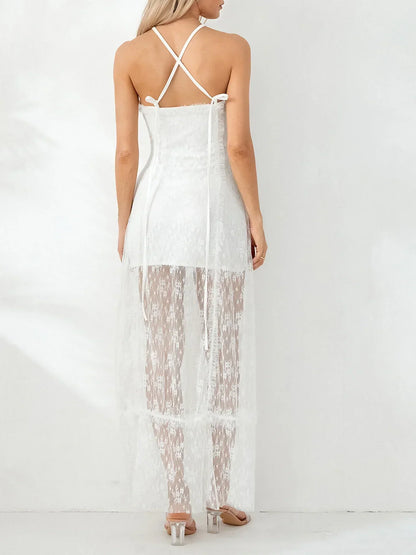 Fairycore Retro White Lace Backless Halter Tube Floral Dress