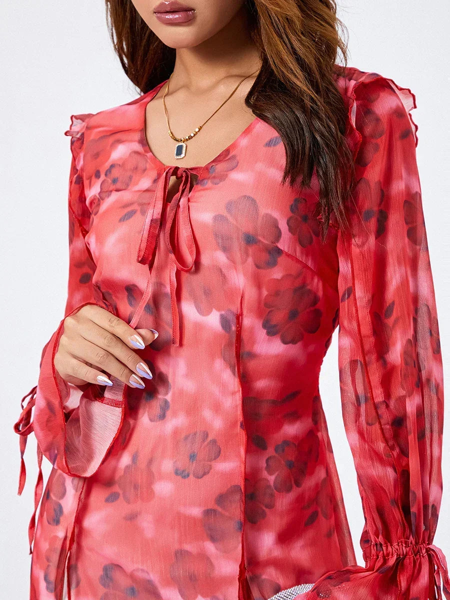 Floral Mesh Mini Dress Elegant Flare Long Sleeve Split Hem Floral Dress