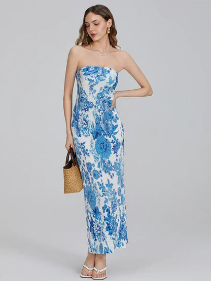 Floral Print Off-Shoulder Bandeau Pleated Tube Top Backless Party Dress