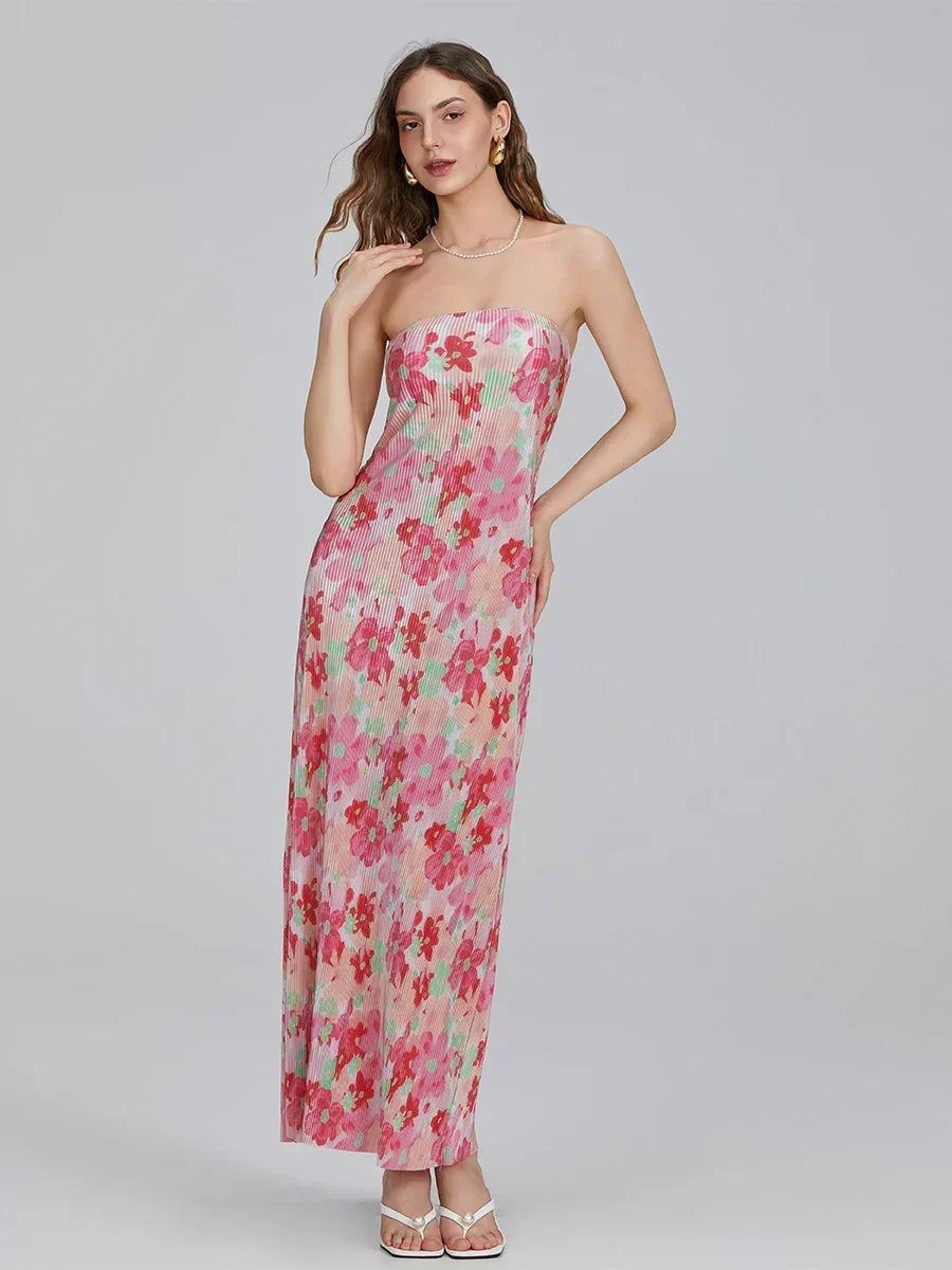 Floral Print Off-Shoulder Bandeau Pleated Tube Top Backless Party Dress
