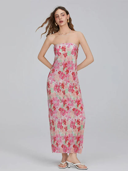 Floral Print Off-Shoulder Bandeau Pleated Tube Top Backless Party Dress