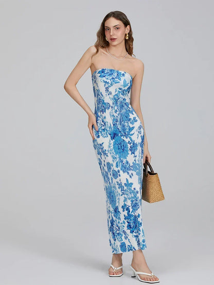 Floral Print Off-Shoulder Bandeau Pleated Tube Top Backless Party Dress