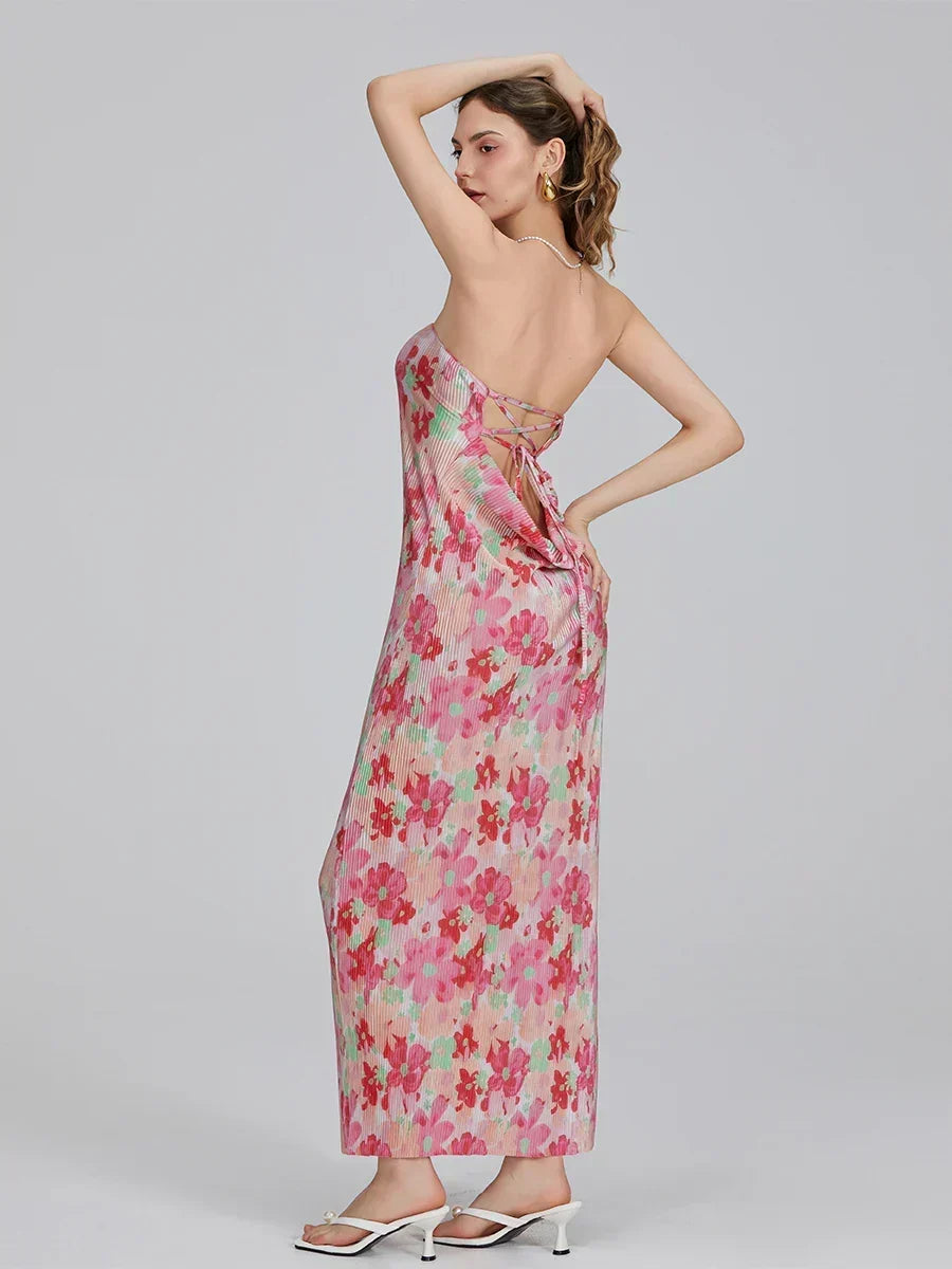 Floral Print Off-Shoulder Bandeau Pleated Tube Top Backless Party Dress