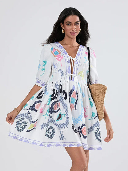 Puff Sleeve Tie-up A-Line Mini Floral Dress
