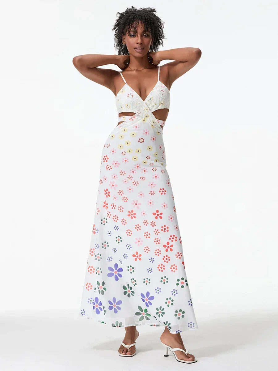 Spaghetti Straps Elegant Backless Bow Cross Floral Dress