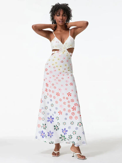 Spaghetti Straps Elegant Backless Bow Cross Floral Dress