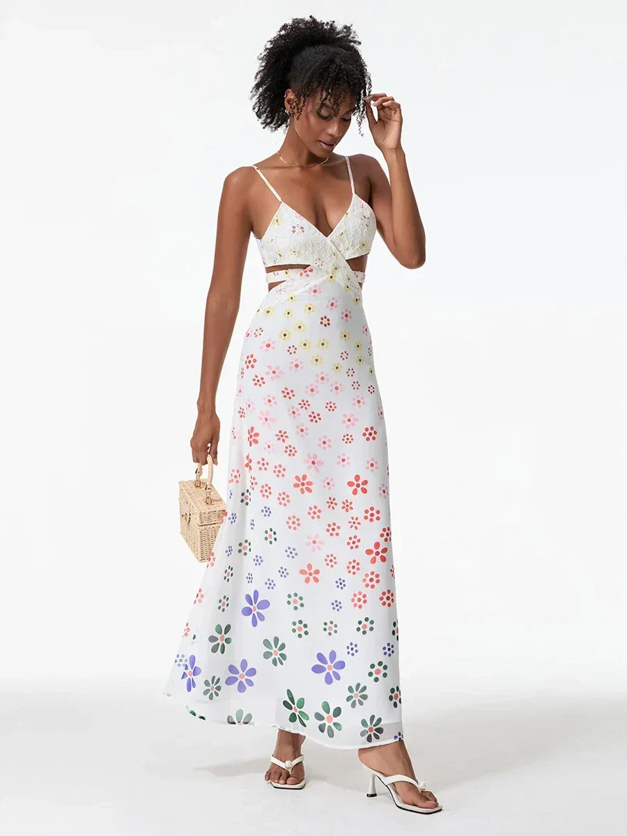 Spaghetti Straps Elegant Backless Bow Cross Floral Dress