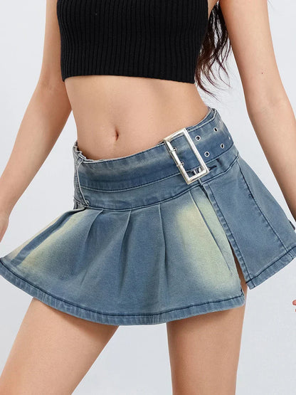 Belted Pleated A-Line Skirt