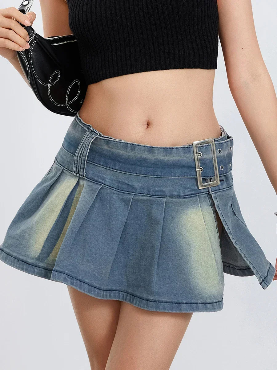 Belted Pleated A-Line Skirt