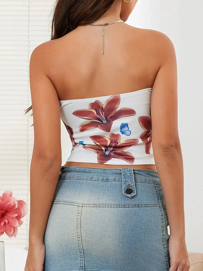 Sexy Floral Strapless Backless Crop Tank Tube Top