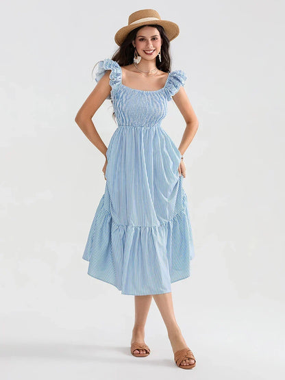Floral Dot Print Shirred Square Neck Ruffled Flowing Beach Floral Dress