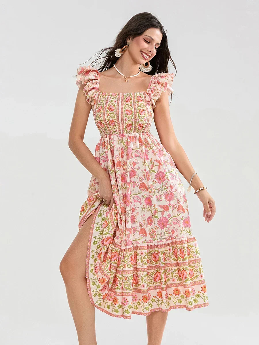 Floral Dot Print Shirred Square Neck Ruffled Flowing Beach Floral Dress